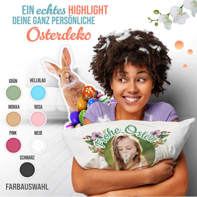 Personalisiertes Kissen - Frohe Ostern - Osterkranz Blumen - mit Foto und Text -