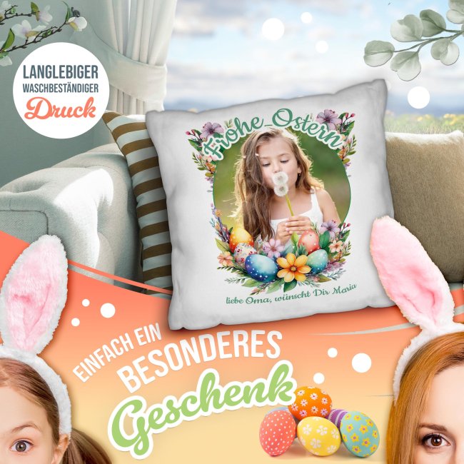 Personalisiertes Kissen - Frohe Ostern - Osterkranz Blumen - mit Foto und Text -