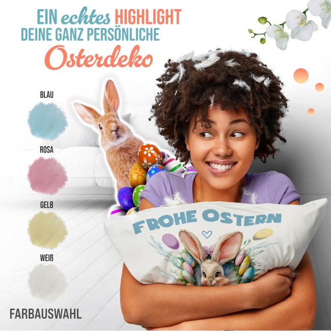 Flauschiges Kissen - Frohe Ostern - Osterkranz Hase - mit Name