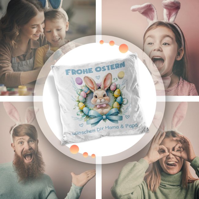 Flauschiges Kissen - Frohe Ostern - Osterkranz Hase - mit Name