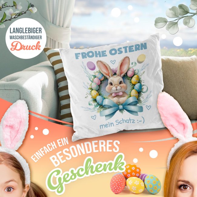 Flauschiges Kissen - Frohe Ostern - Osterkranz Hase - mit Name
