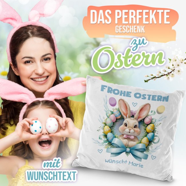 Flauschiges Kissen - Frohe Ostern - Osterkranz Hase - mit Name