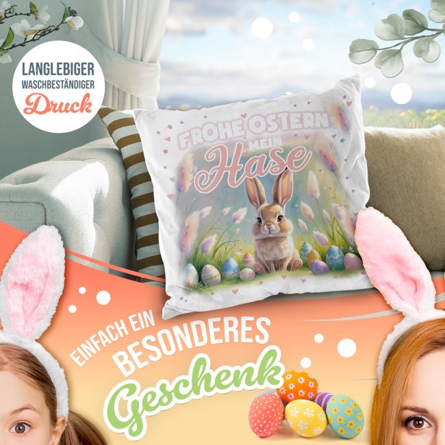 Flauschiges Kissen mit Spruch - Frohe Ostern mein Hase