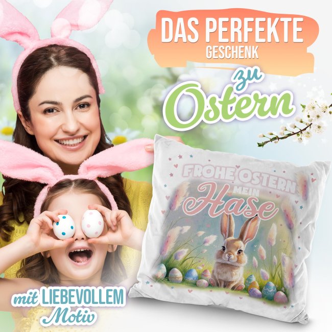 Flauschiges Kissen mit Spruch - Frohe Ostern mein Hase