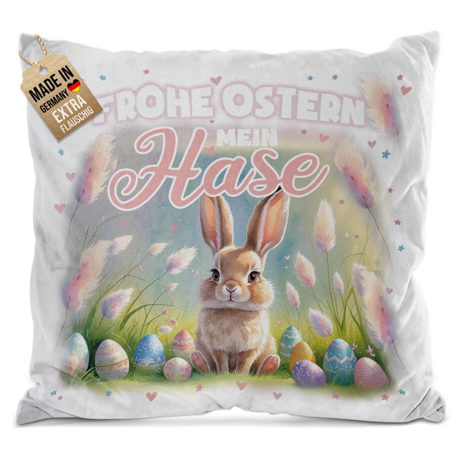 Flauschiges Kissen mit Spruch - Frohe Ostern mein Hase