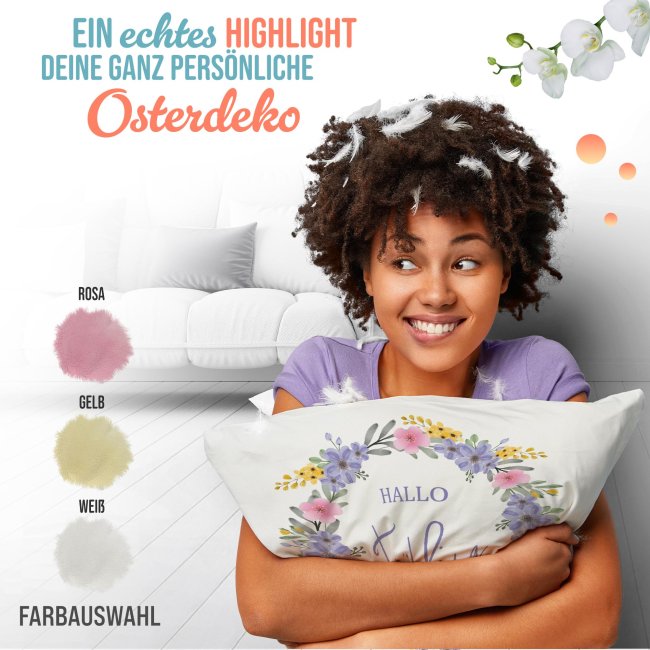 Flauschiges Kissen - Hallo Frühling - Lila - Weiß flauschig