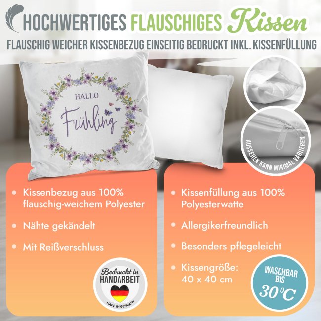 Flauschiges Kissen mit Spruch - Hallo Fr&uuml;hling - Schmetterling