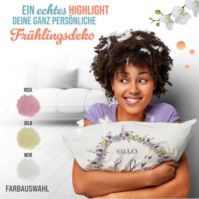 Flauschiges Kissen mit Spruch - Hallo Fr&uuml;hling - Schmetterling