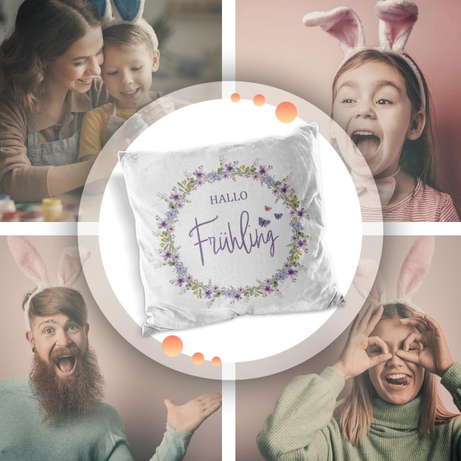 Flauschiges Kissen mit Spruch - Hallo Fr&uuml;hling - Schmetterling