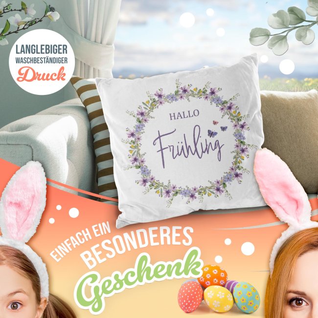 Flauschiges Kissen mit Spruch - Hallo Fr&uuml;hling - Schmetterling