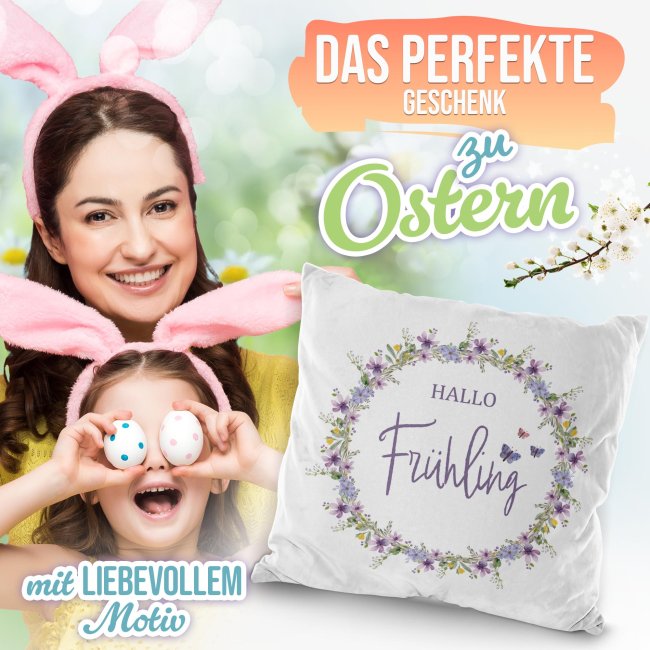 Flauschiges Kissen mit Spruch - Hallo Fr&uuml;hling - Schmetterling