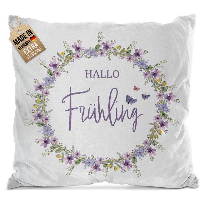 Flauschiges Kissen mit Spruch - Hallo Fr&uuml;hling - Schmetterling