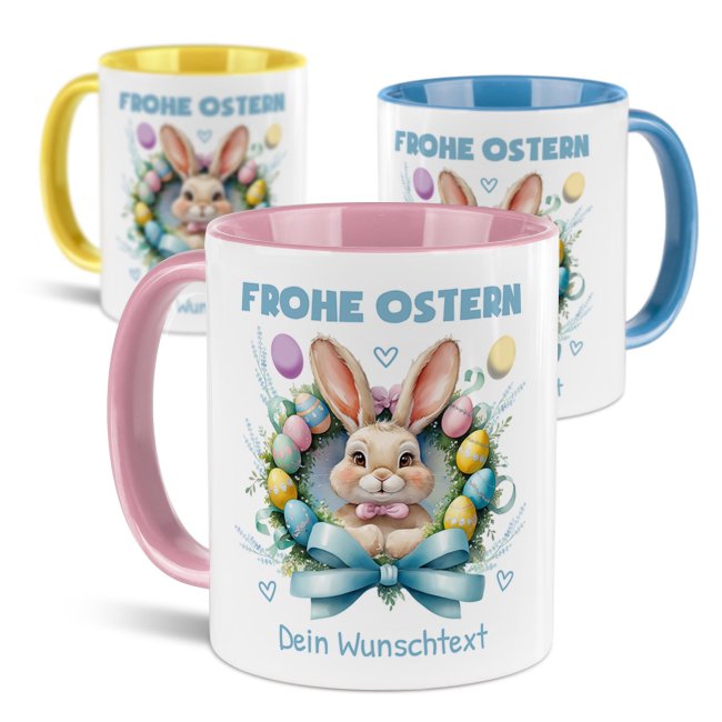 Personalisierte Tasse - Frohe Ostern - Osterkranz Hase - mit Name