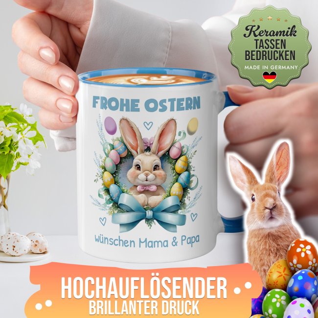 Personalisierte Tasse - Frohe Ostern - Osterkranz Hase - mit Name