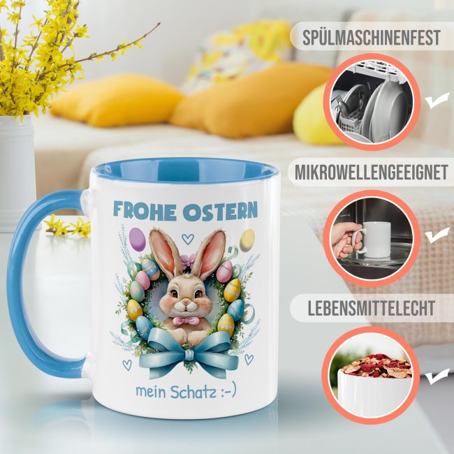 Personalisierte Tasse - Frohe Ostern - Osterkranz Hase - mit Name