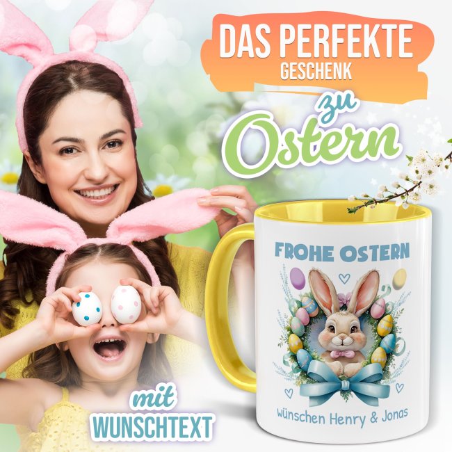 Personalisierte Tasse - Frohe Ostern - Osterkranz Hase - mit Name