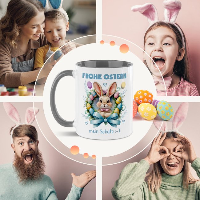 Personalisierte Tasse - Frohe Ostern - Osterkranz Hase - mit Name