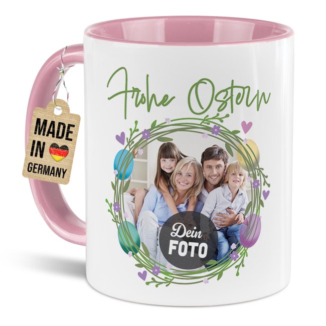 Personalisierte Tasse - Frohe Ostern - Osterkranz Eier - mit Foto - Rosa