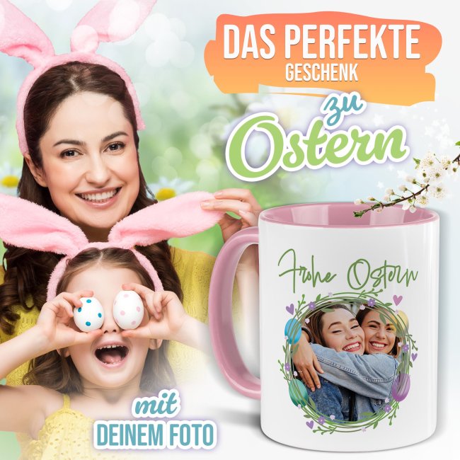 Personalisierte Tasse - Frohe Ostern - Osterkranz Eier - mit Foto - Rosa