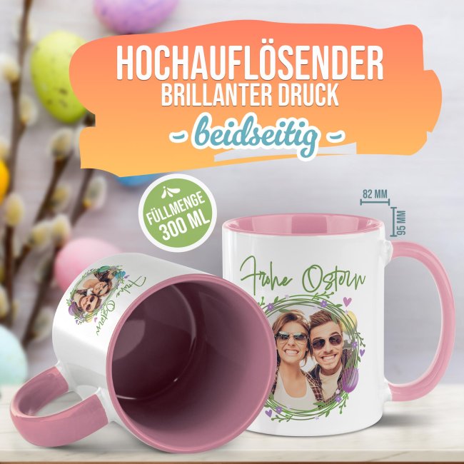Personalisierte Tasse - Frohe Ostern - Osterkranz Eier - mit Foto - Rosa