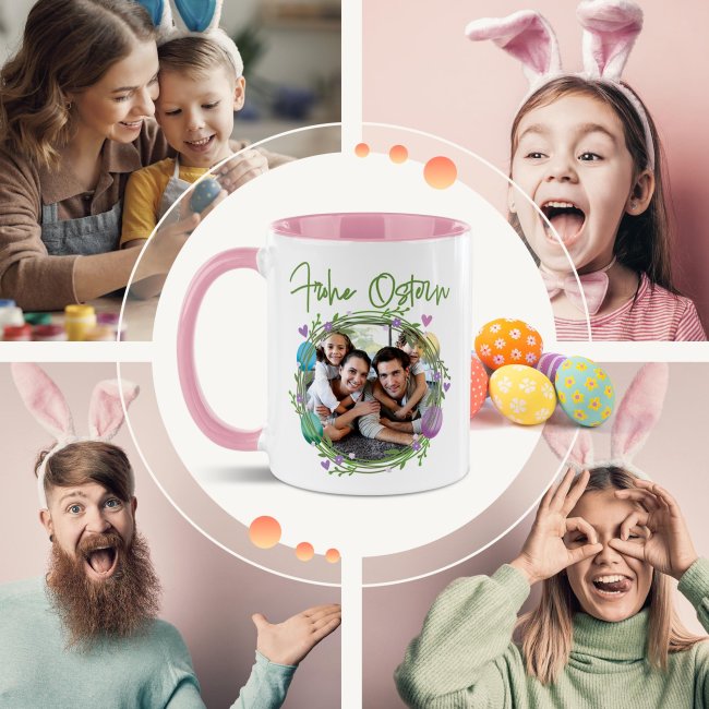 Personalisierte Tasse - Frohe Ostern - Osterkranz Eier - mit Foto - Rosa