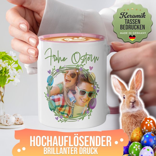 Personalisierte Tasse - Frohe Ostern - Osterkranz Eier - mit Foto - Rosa