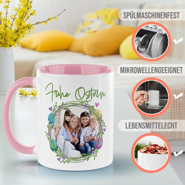 Personalisierte Tasse - Frohe Ostern - Osterkranz Eier - mit Foto - Rosa