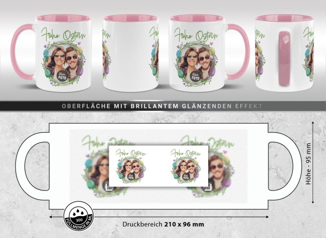 Personalisierte Tasse - Frohe Ostern - Osterkranz Eier - mit Foto - Rosa