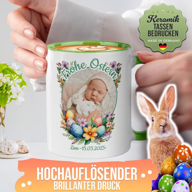 Personalisierte Tasse - Frohe Ostern - Osterkranz Blumen - mit Foto und Text