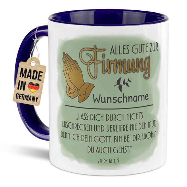 Personalisierte Tasse zur Firmung - Alles Gute - Josua 1 Vers 9 - mit Name - Dunkelblau