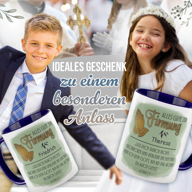 Personalisierte Tasse zur Firmung - Alles Gute - Josua 1 Vers 9 - mit Name - Dunkelblau