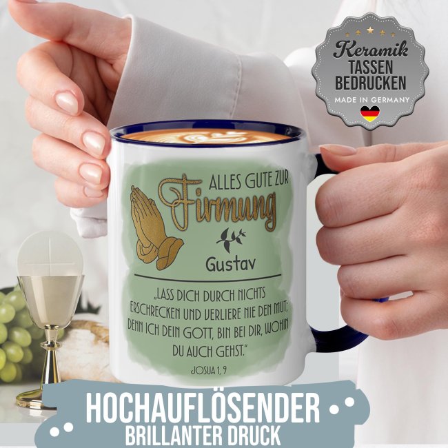 Personalisierte Tasse zur Firmung - Alles Gute - Josua 1 Vers 9 - mit Name - Dunkelblau