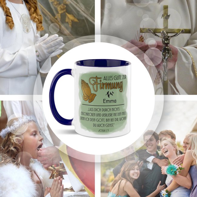 Personalisierte Tasse zur Firmung - Alles Gute - Josua 1 Vers 9 - mit Name - Dunkelblau