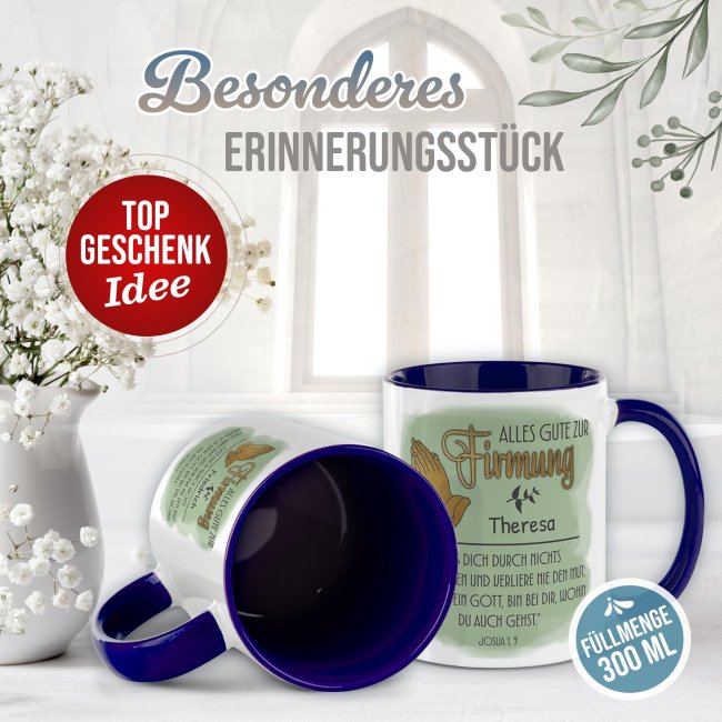 Personalisierte Tasse zur Firmung - Alles Gute - Josua 1 Vers 9 - mit Name - Dunkelblau
