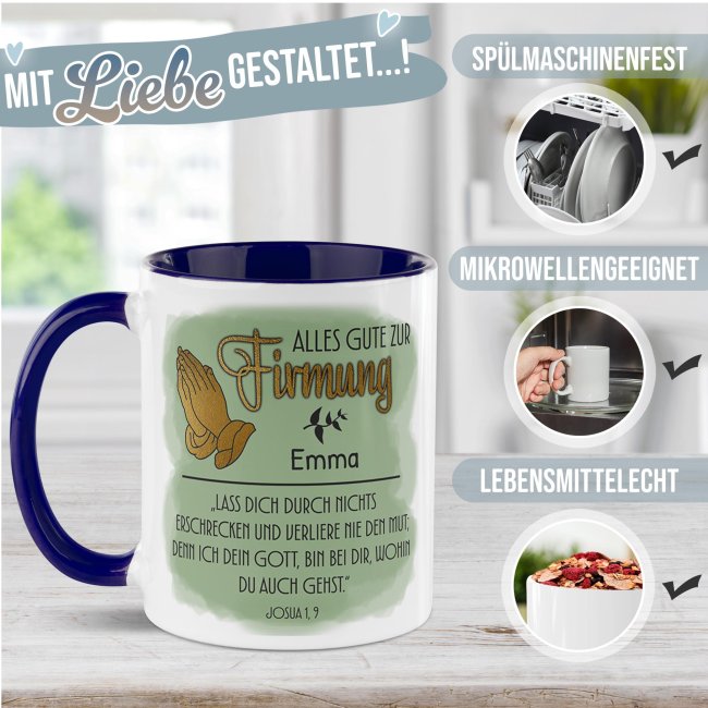 Personalisierte Tasse zur Firmung - Alles Gute - Josua 1 Vers 9 - mit Name - Dunkelblau