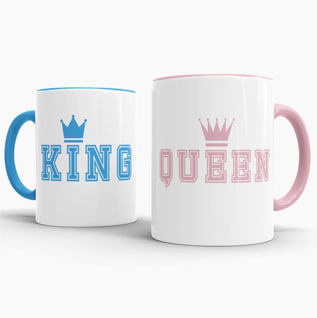 Tassenset King und Queen mit Krone Innen / Henkel Blau &amp; Rosa