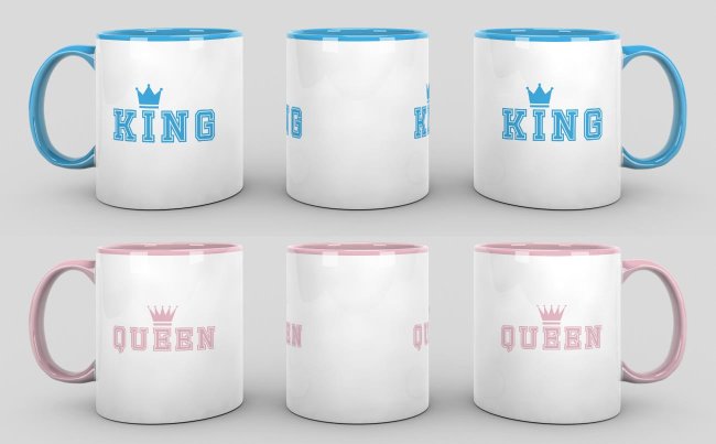 Tassenset King und Queen mit Krone Innen / Henkel Blau &amp; Rosa
