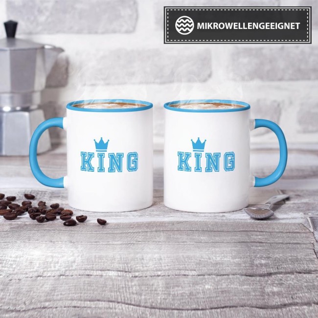 Tassenset King und Queen mit Krone Innen / Henkel Blau & Rosa