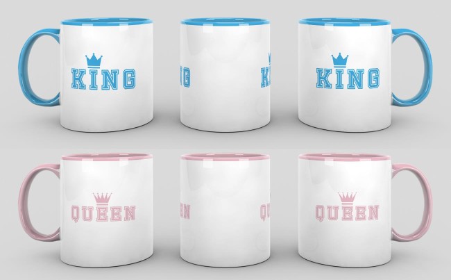 Tassenset King und Queen mit Krone Innen / Henkel Blau & Rosa