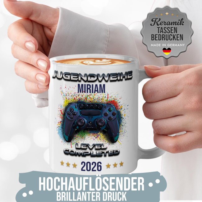 Personalisierte Tasse zur Jugendweihe - Level completed - Controller - mit Name &amp; Jahr