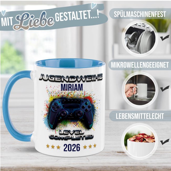 Personalisierte Tasse zur Jugendweihe - Level completed - Controller - mit Name &amp; Jahr