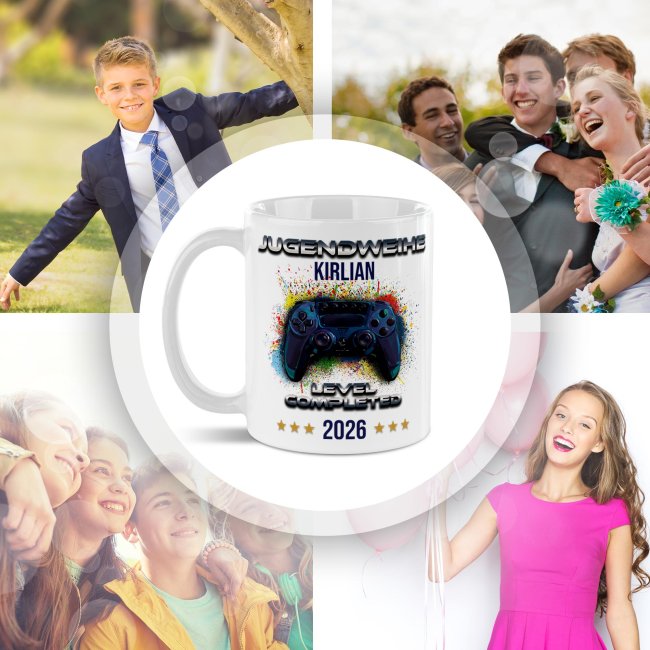 Personalisierte Tasse zur Jugendweihe - Level completed - Controller - mit Name &amp; Jahr