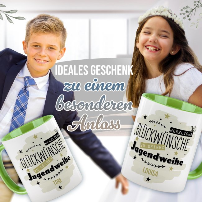 Personalisierte Tasse zur Jugendweihe - Herzliche Gl&uuml;ckw&uuml;nsche - Gr&uuml;n - mit Name - Hellgr&uuml;n