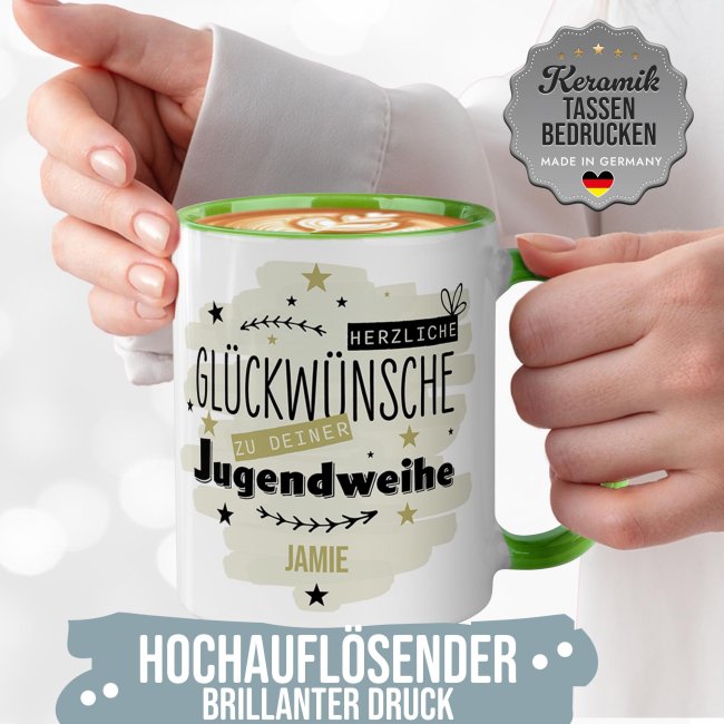 Personalisierte Tasse zur Jugendweihe - Herzliche Gl&uuml;ckw&uuml;nsche - Gr&uuml;n - mit Name - Hellgr&uuml;n