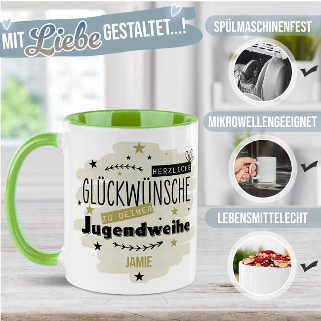 Personalisierte Tasse zur Jugendweihe - Herzliche Gl&uuml;ckw&uuml;nsche - Gr&uuml;n - mit Name - Hellgr&uuml;n
