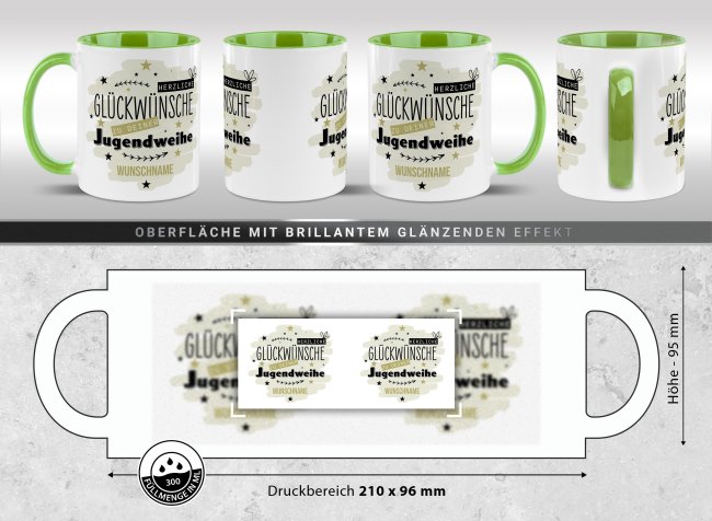 Personalisierte Tasse zur Jugendweihe - Herzliche Gl&uuml;ckw&uuml;nsche - Gr&uuml;n - mit Name - Hellgr&uuml;n