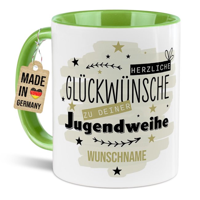 Personalisierte Tasse zur Jugendweihe - Herzliche Gl&uuml;ckw&uuml;nsche - Gr&uuml;n - mit Name - Hellgr&uuml;n