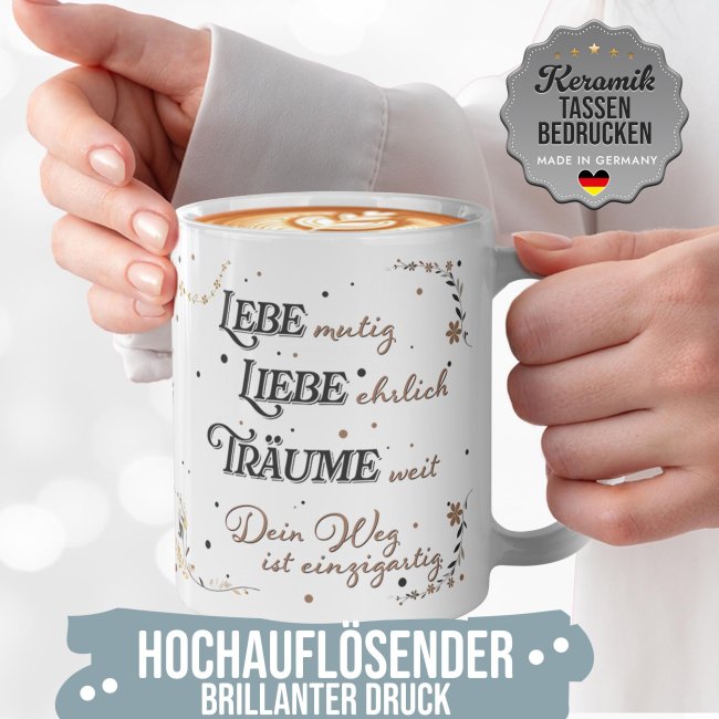 Personalisierte Tasse zur Jugendweihe - Lebe, Liebe, Tr&auml;ume - mit Name