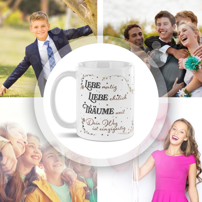 Personalisierte Tasse zur Jugendweihe - Lebe, Liebe, Tr&auml;ume - mit Name