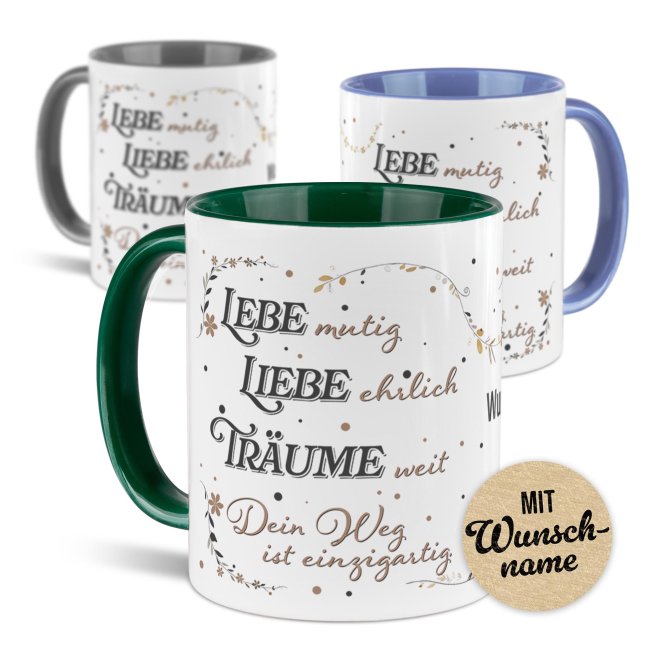 Personalisierte Tasse zur Jugendweihe - Lebe, Liebe, Tr&auml;ume - mit Name